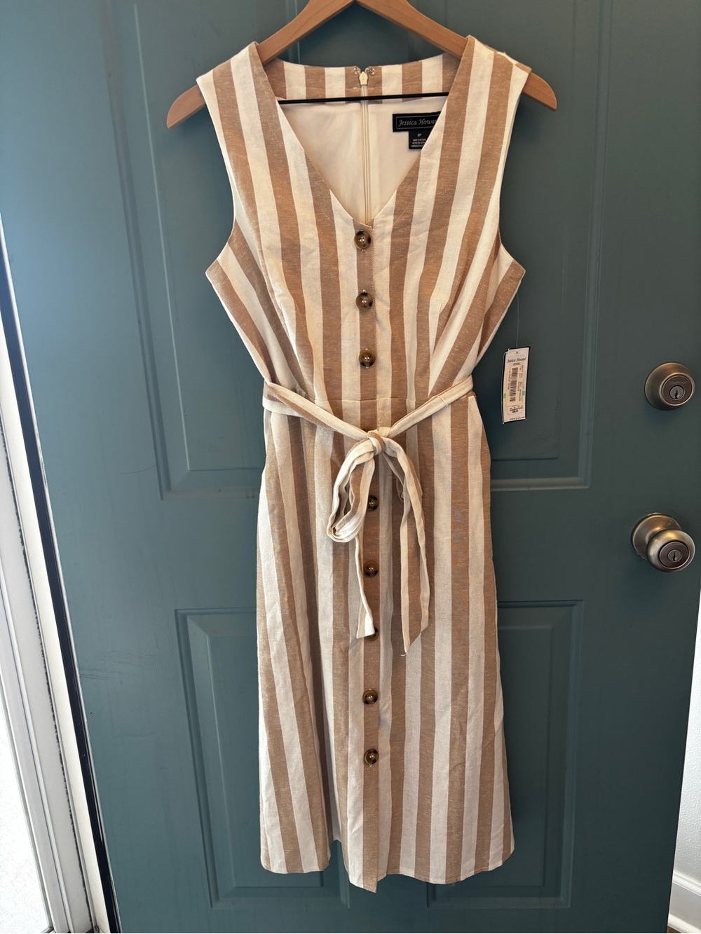 Jessica Howard Beige & White Striped Button-Front Midi Dress